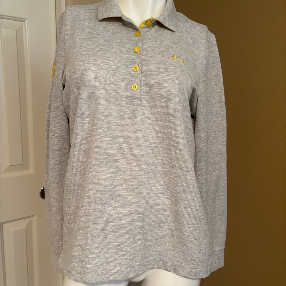 Louis Castel Gray Long Sleeve Polo with Yellow Accent, Size M